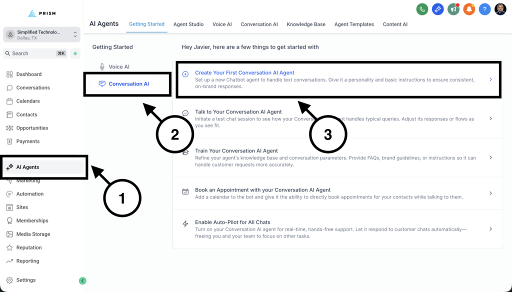 GoHighLevel AI Agents dashboard showing how to access Conversation AI and create a new AI chatbot agent