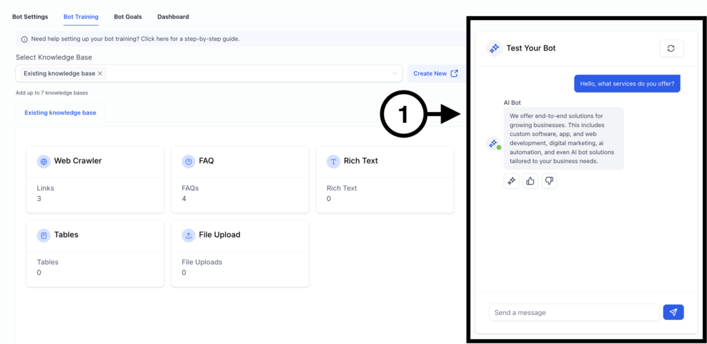GoHighLevel AI chatbot testing panel showing a live conversation preview after knowledge base training