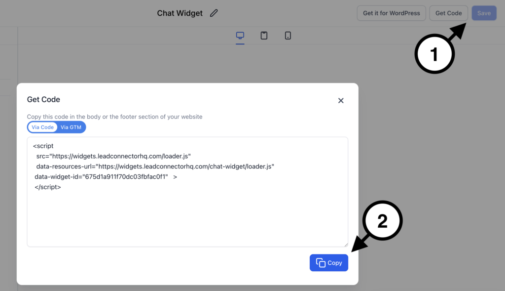 GoHighLevel chat widget embed code screen showing how to copy and install the chatbot code on a website