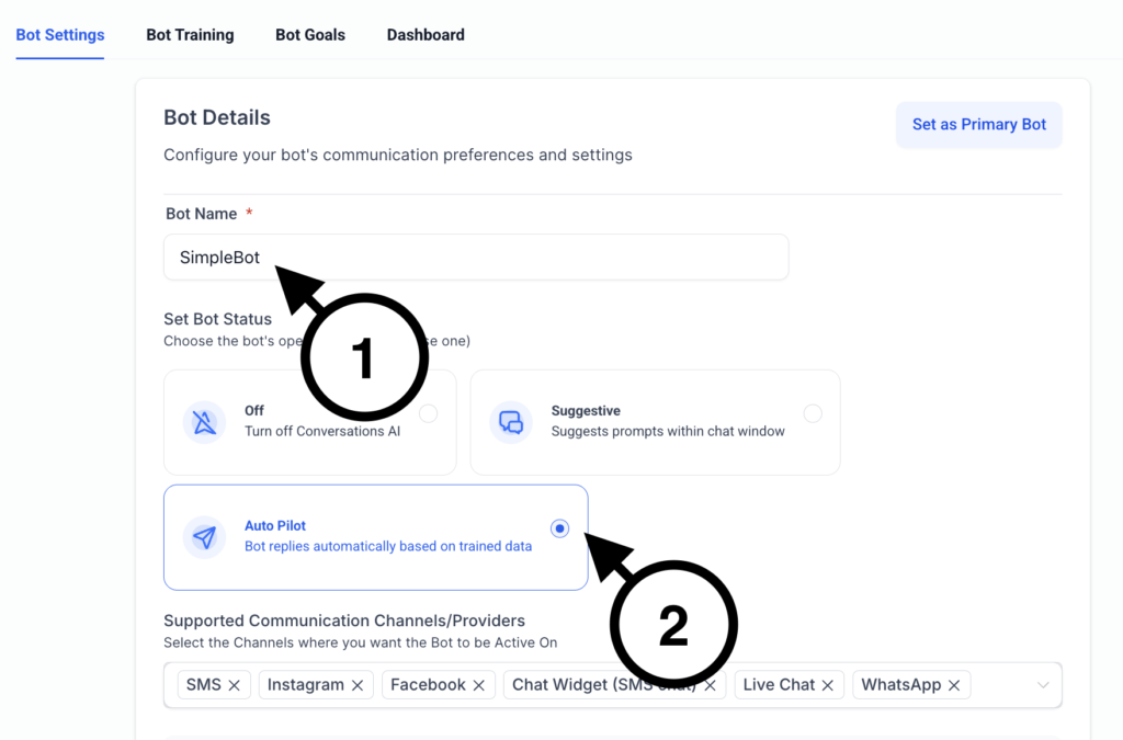 GoHighLevel AI bot settings screen showing bot name configuration and Auto-Pilot mode enabled across communication channels