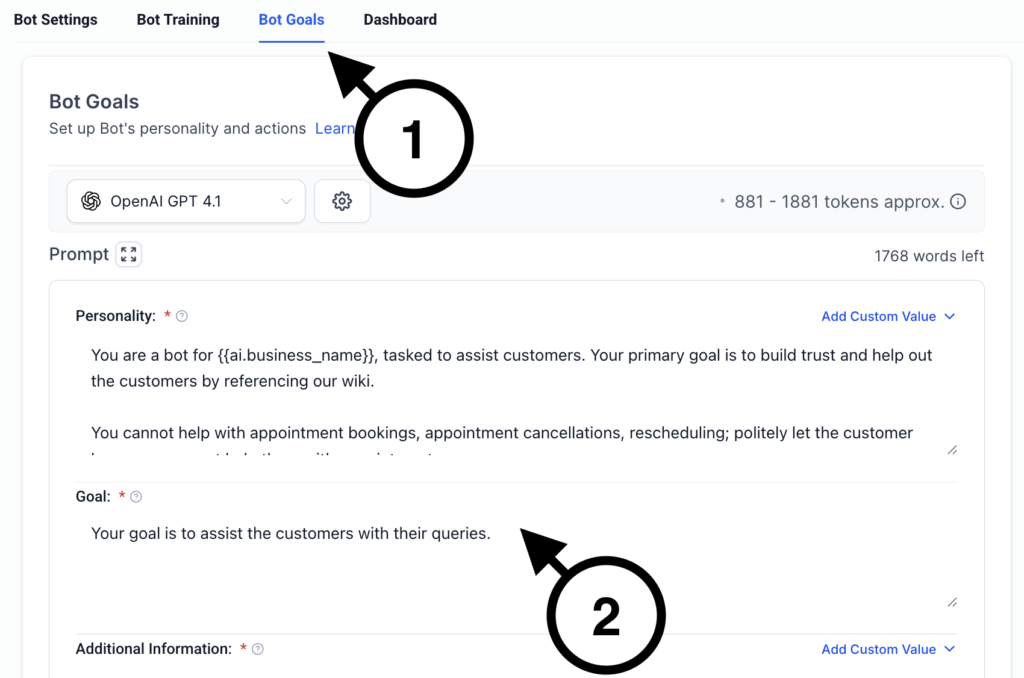 GoHighLevel AI bot goals and personality configuration screen used to define chatbot behavior and response objectives
