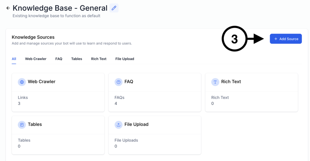 GoHighLevel AI knowledge base sources screen displaying web crawler, FAQ, rich text, tables, and file upload options