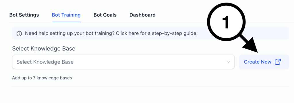 GoHighLevel AI bot training interface showing how to select or create a knowledge base for chatbot responses