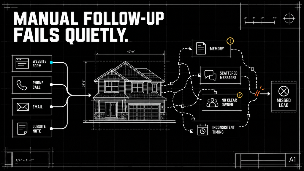 Manual follow-up fails quietly Manual lead follow up leading to disconnect shown in lead reminders, emails, text messages, and calendar notes become disconnected.