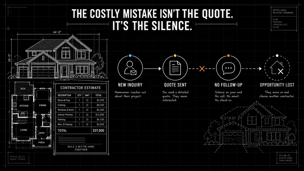 THE COSTLY MISTAKE ISN’T THE QUOTE. IT’S THE SILENCE Residential construction lead journey showing a new inquiry, quote, missing follow-up, and lost opportunity.