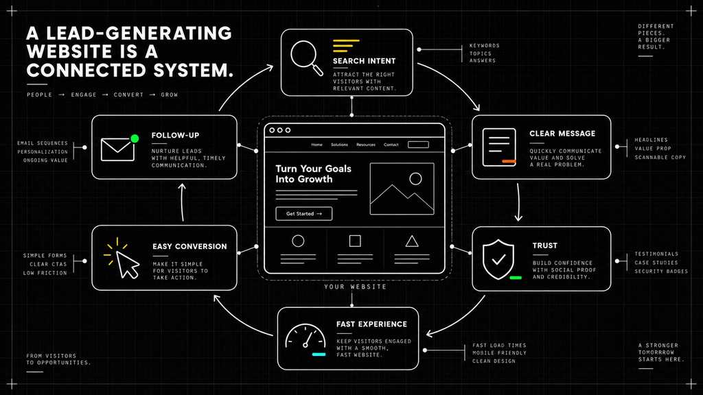 Connected website lead-generation system containing search intent, clear messaging, trust, site experience, conversion, and follow-up.