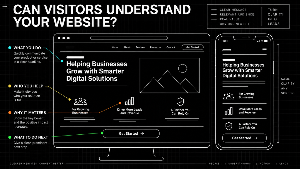 Desktop and mobile website layouts showing the four elements of a clear first-screen experience.
