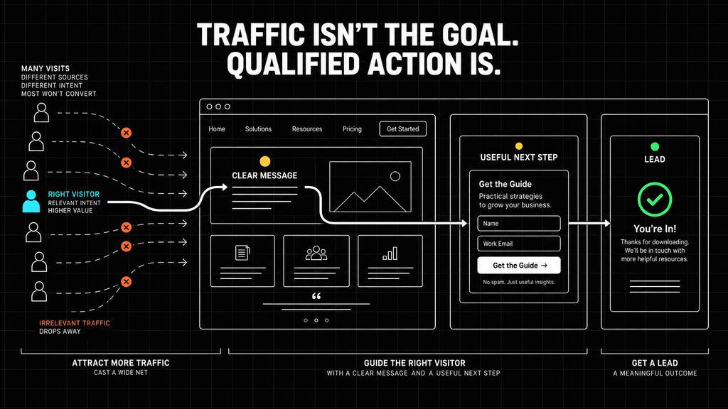 Website lead-generation journey showing how a relevant visitor moves through a clear message and useful next step to become a lead.
