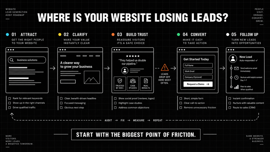 Five-stage website lead-generation audit covering attraction, clarity, trust, conversion, and follow-up.